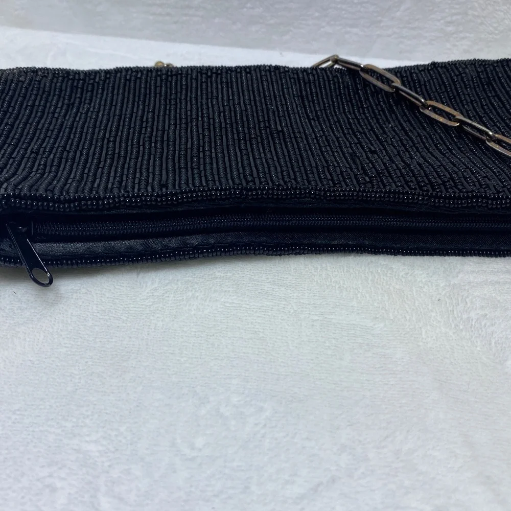Black Beaded Evening Baguette Bag Color Purse Clutch with Chain Strap Flowers‎